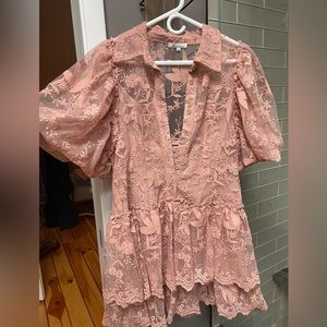 Pink puff sleeve floral lace mini dress L